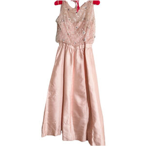 Vintage Malcolm Starr Blush Pink Beaded Satin A-Line Formal Dress 1960s